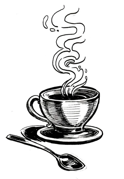 Kaffeetasse Untertasse Und Löffel Vorhanden Schwarz Weiße Tuschezeichnung — Stockfoto