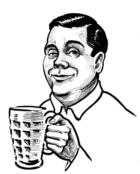 Man Met Een Glas Bier Inkt Zwart Wit Tekening — Stockfoto
