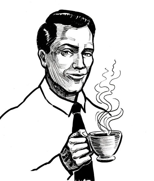 Homem Com Uma Chávena Café Tinta Desenho Preto Branco — Fotografia de Stock