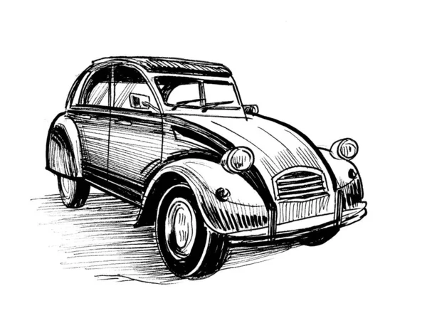 Retro Avrupa Otomobilleri Mürekkep Siyah Beyaz Çizim — Stok fotoğraf