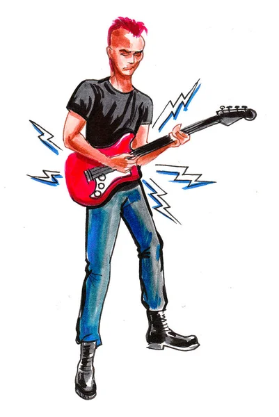 Punk rocker playing electric guitar. Ink black and white drawing