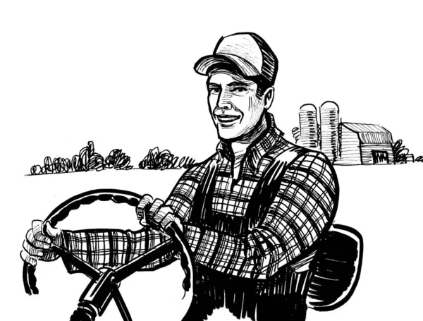 Фермер Ретро Тракторі Чорно Білий Малюнок — стокове фото