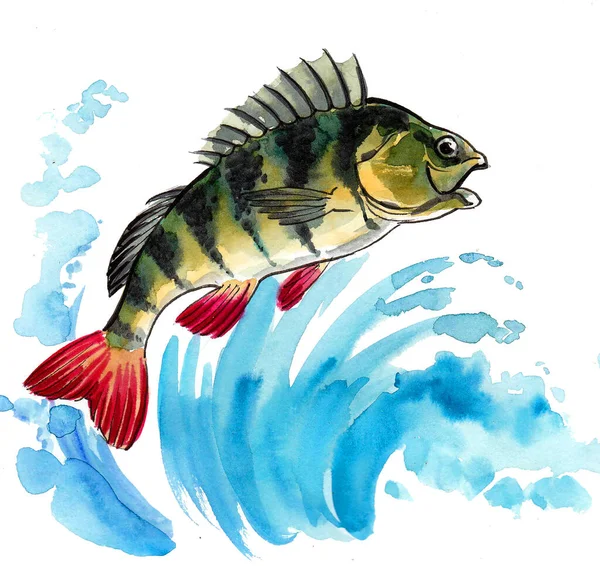 青い水の中で魚をジャンプします 水墨画 — ストック写真