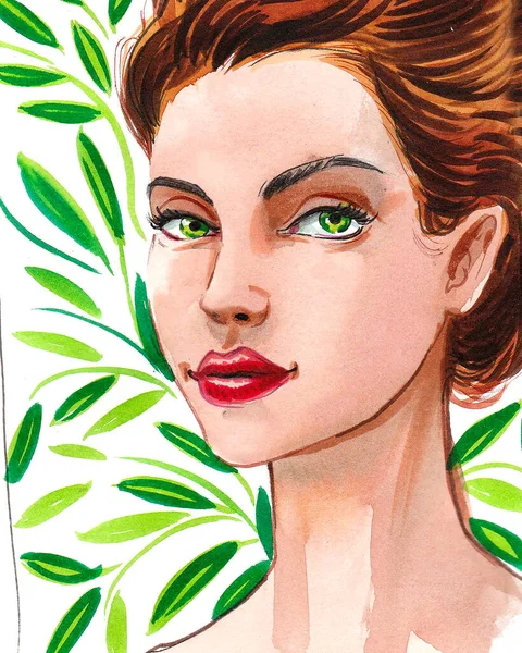 Красива Дівчина Зелене Листя Малюнок Чорнила Акварелі — стокове фото