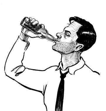 Şişeden bira içen alkolik bir adam. Mürekkep siyah beyaz çizim