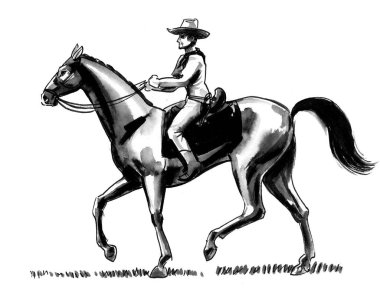 Kovboy ata biniyor. Mürekkep ve suluboya çizim