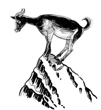 Kayadaki dağ keçisi. Mürekkep siyah beyaz çizim