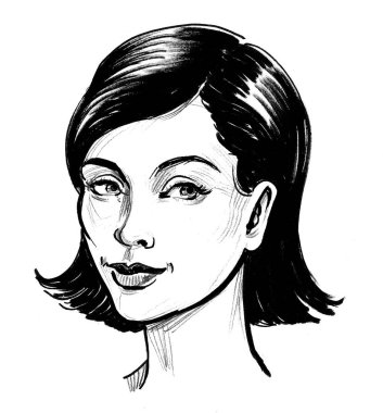 Güzel kadın yüzü. Mürekkep siyah beyaz çizim