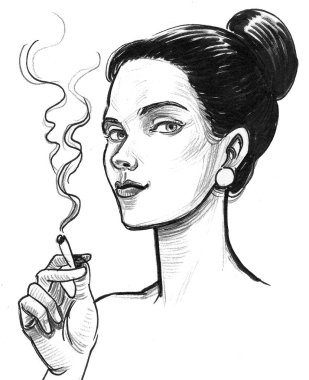 Esrar içen güzel bir kadın. Mürekkep siyah beyaz çizim