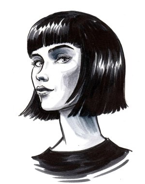 Güzel esmer kadın. Mürekkep ve suluboya çizim