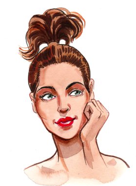 Güzel kadın. Mürekkep ve suluboya çizim