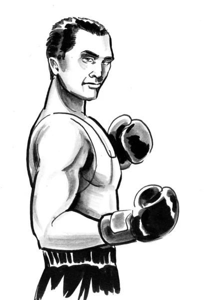 Starker Boxer Mit Handschuhen Schwarz Weiße Tuschezeichnung — Stockfoto