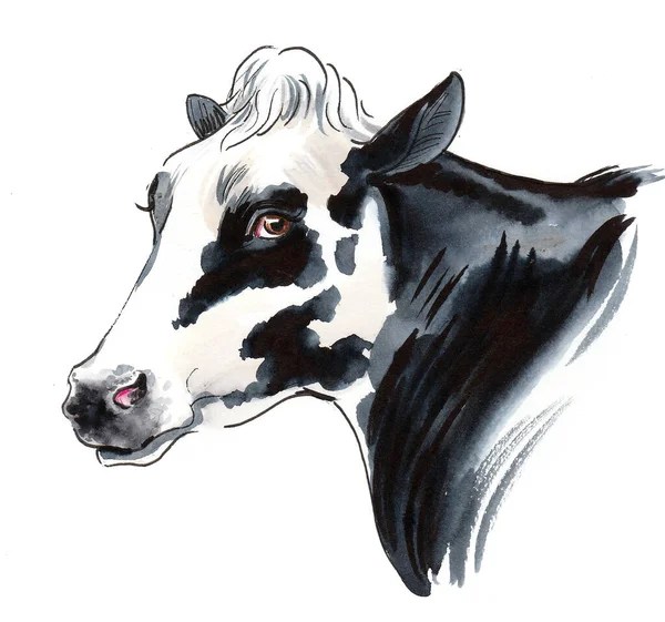 Milk Cow Head Ink Watercolor Drawing — Stock Photo, Image