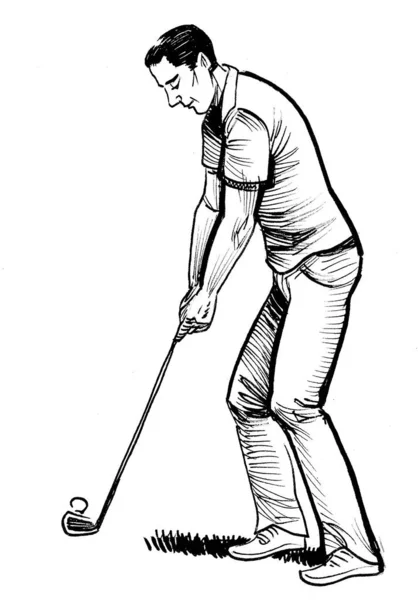 Homme Jouant Golf Encre Dessin Noir Blanc — Photo