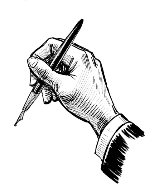 Mano Con Una Penna Inchiostro Disegno Bianco Nero — Foto Stock