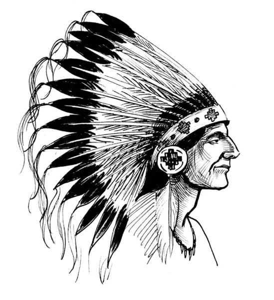 Indianische Hauptfigur Schwarz Weiße Tuschezeichnung — Stockfoto