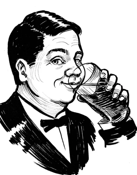 Feliz Hombre Sonriente Bebiendo Vaso Cerveza Dibujo Blanco Negro Tinta —  Fotos de Stock