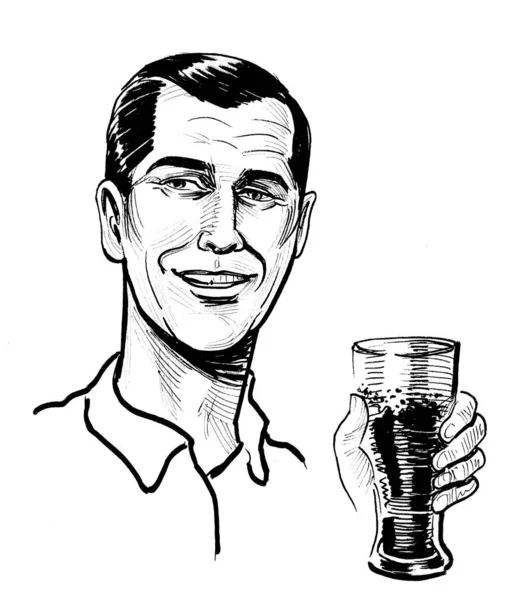 Heureux Homme Souriant Avec Verre Bière Encre Dessin Noir Blanc — Photo