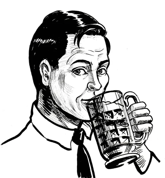 Feliz Hombre Bebiendo Cerveza Dibujo Blanco Negro Tinta — Foto de Stock