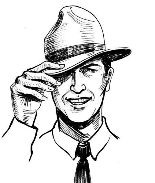  Handsome smiling man in hat. Ink black and white drawing