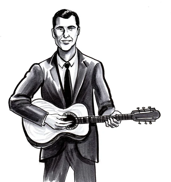 Hombre Tocando Guitarra Acústica Dibujo Blanco Negro Tinta — Foto de Stock