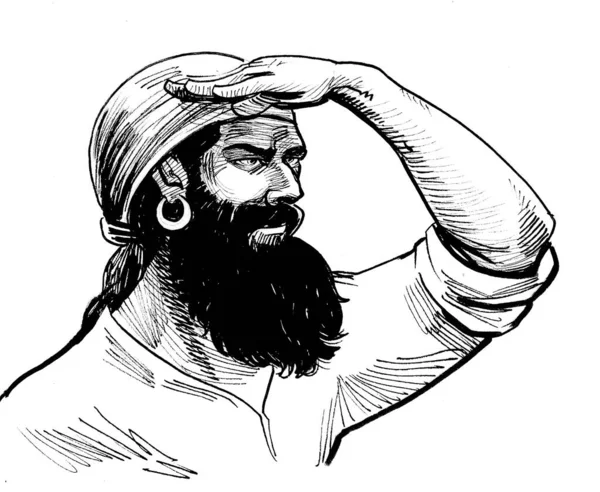 海賊の水夫の距離を調べる 墨と白のドローイング — ストック写真
