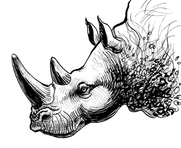 Neushoorn Hoofd Inkt Zwart Wit Tekening — Stockfoto