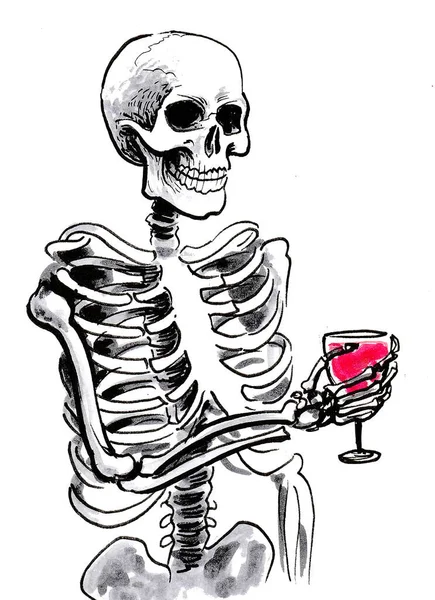 Human skeleton with a glass of red wine. Ink and watercolor drawing