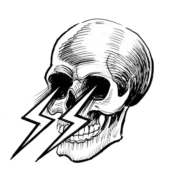 Crânio Humano Com Parafusos Eléctricos Tinta Desenho Preto Branco — Fotografia de Stock