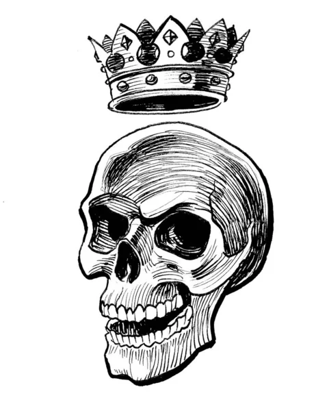 Cráneo Corona Dibujo Blanco Negro Tinta —  Fotos de Stock