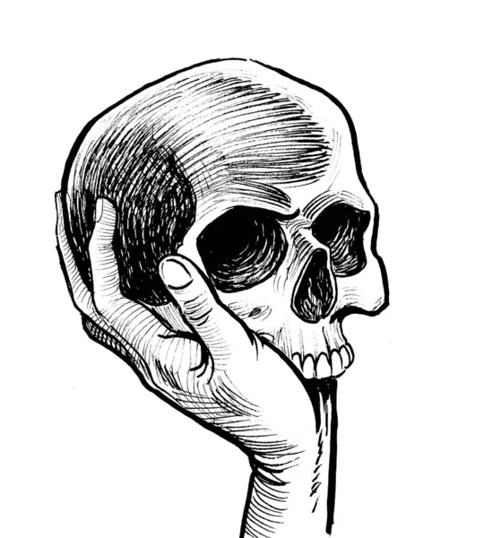 Mano Sosteniendo Cráneo Humano Dibujo Blanco Negro Tinta — Foto de Stock