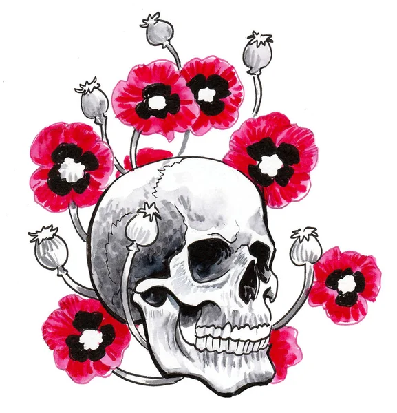 Calavera Humana Amapolas Rojas Dibujo Tinta Acuarela — Foto de Stock