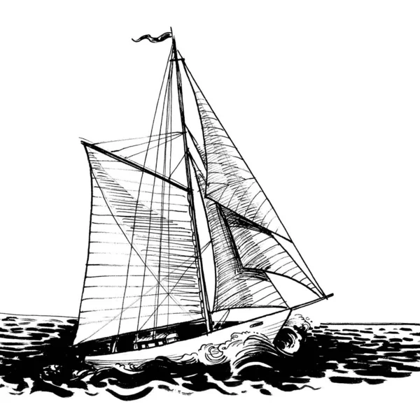 Bateau Voile Dans Mer Encre Dessin Noir Blanc — Photo