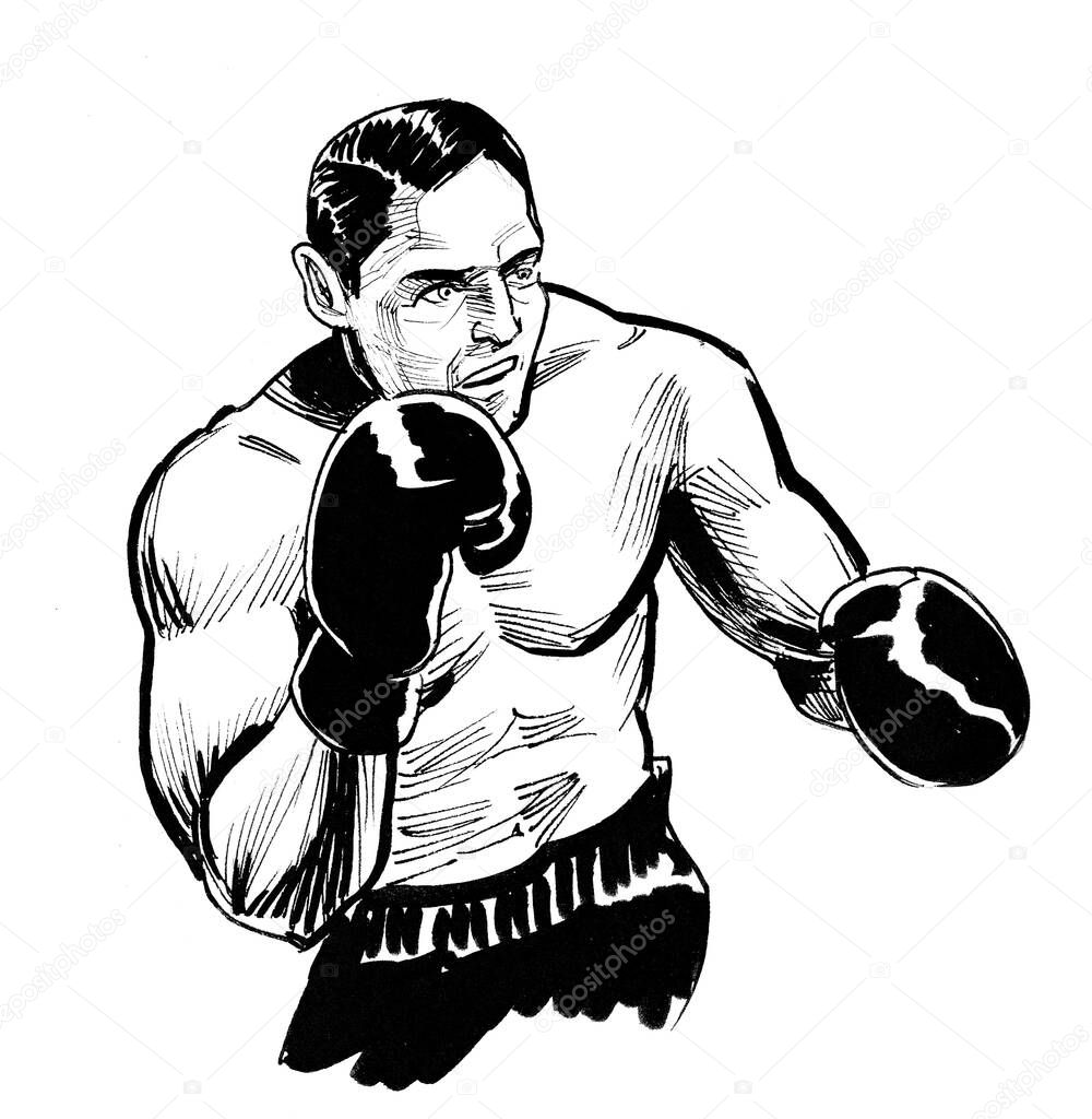 Boxing athlete. Ink black and white drawing