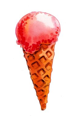 Beyaz arka planda dondurma külahı. Suluboya resim