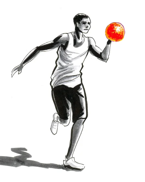 Joven Hombre Negro Jugando Baloncesto Dibujo Tinta Acuarela — Foto de Stock