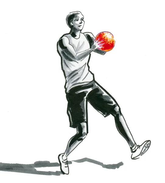 Basketbol Oynayan Genç Siyahi Bir Adam Mürekkep Suluboya Çizim — Stok fotoğraf