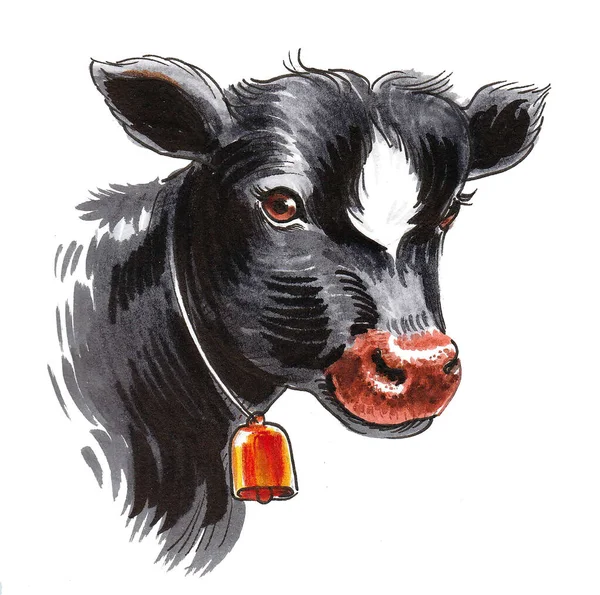 可爱的牛犊加牛奶 墨水和水彩画 — 图库照片