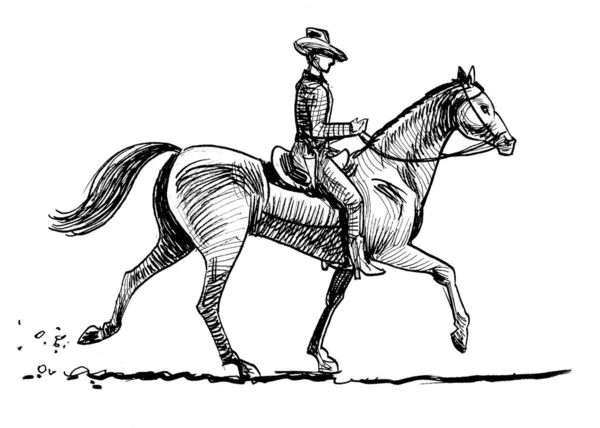 Cowboy Riding Horse Ink Black White Drawing — Stock Photo, Image