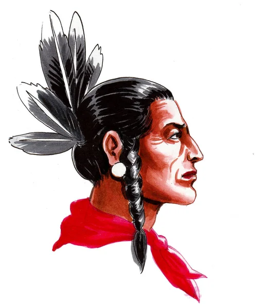 Native American Chief Ink Watercolor Drawing — Stock Photo, Image