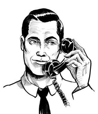 Adam retro telefondan konuşuyor. Mürekkep siyah beyaz çizim
