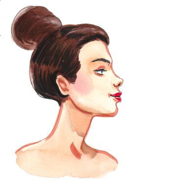 Güzel kadın kafası. Mürekkep ve suluboya çizim