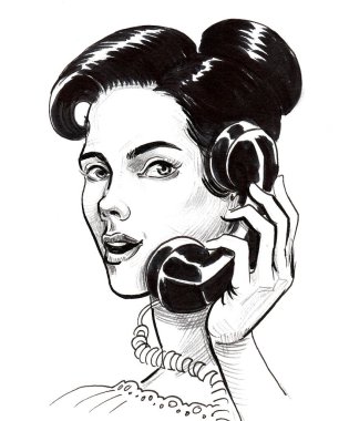 Pretty woman speaking over retro telephoe clipart