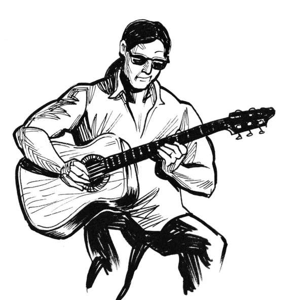 Homme Jouant Guitare Acoustique Encre Dessin Noir Blanc — Photo