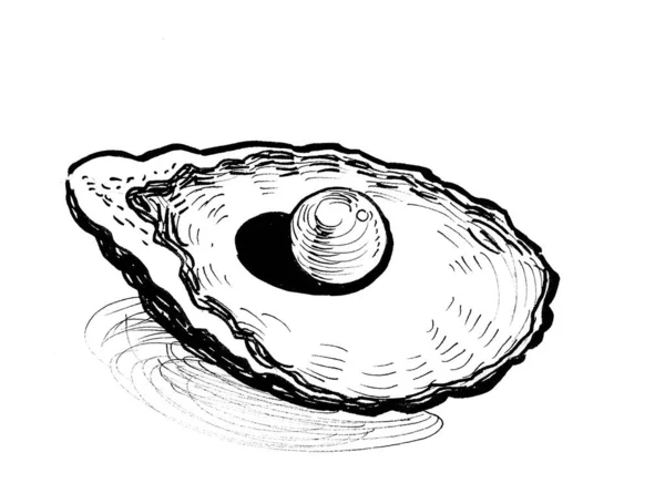 Muschel Und Perle Schwarz Weiße Tuschezeichnung — Stockfoto