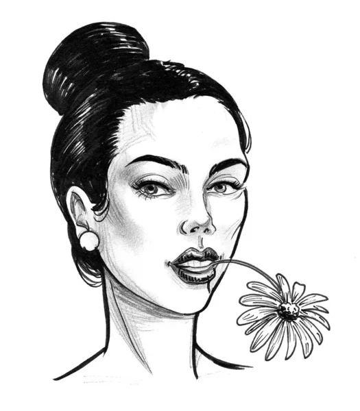 Çiçekli Güzel Kadın Mürekkep Siyah Beyaz Çizim — Stok fotoğraf