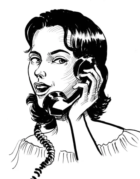 Pretty Woman Speaking Retro Phone Ink Black White Drawing — Stock Photo, Image