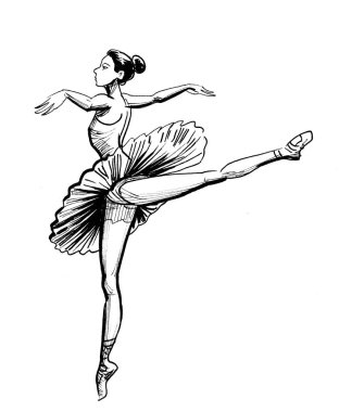 Dans eden balerin. Mürekkep siyah beyaz çizim