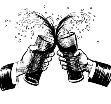 Hands with glasses of beer. Ink black and white drawing