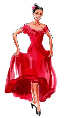 Kırmızı elbiseli güzel Flamenko dansçısı. Mürekkep ve suluboya çizim